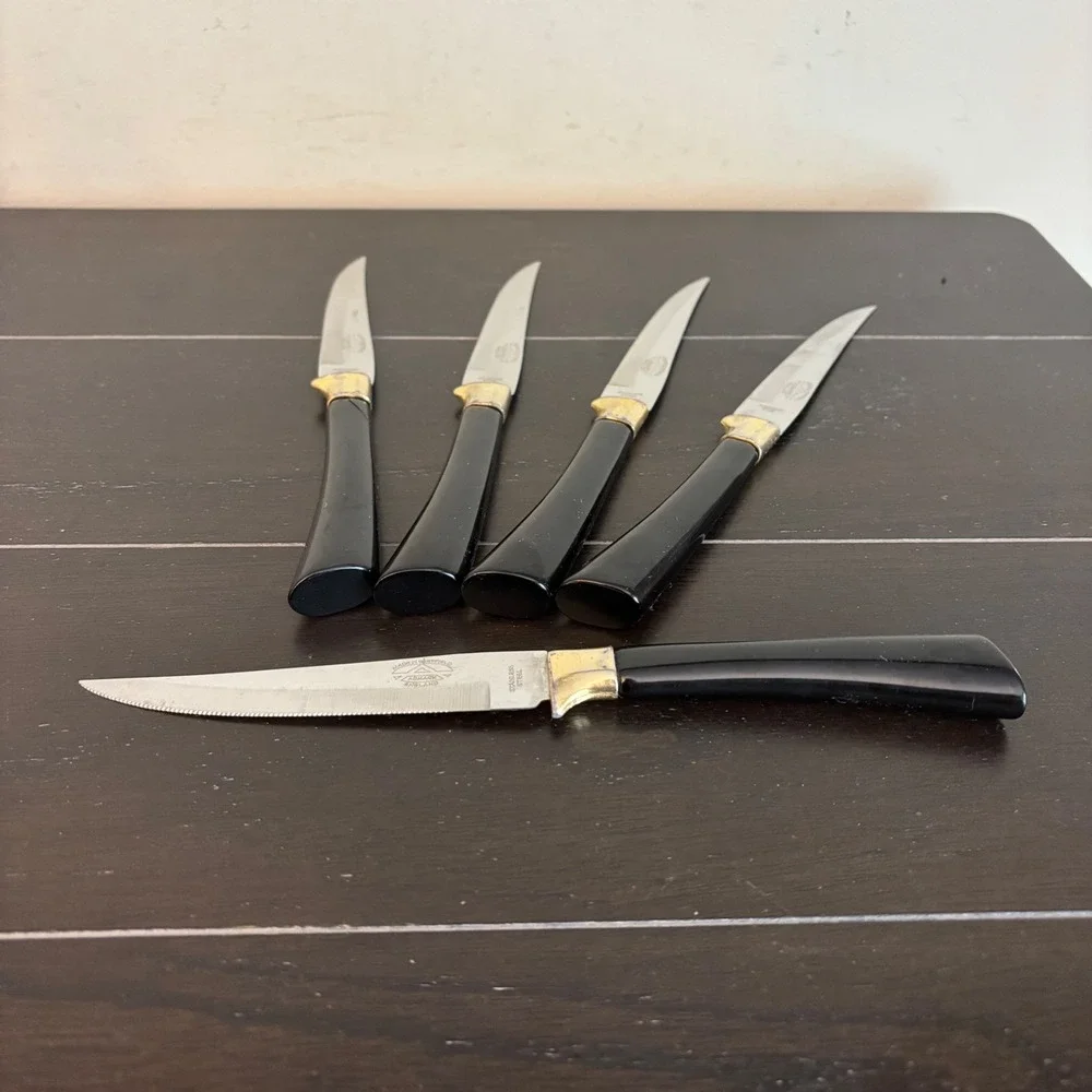 Vintage Armack Sheffield England Steak Knife Set 5pc Black Gold Stainless Steel